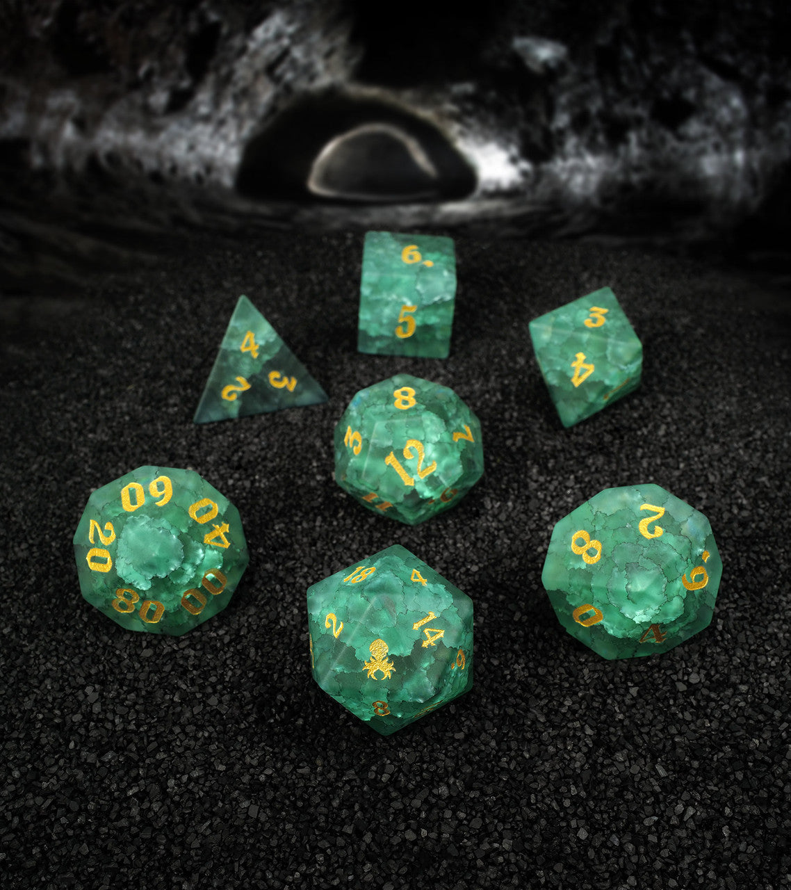 Matte Green Cracked Glass 7PC Glass Dice Set